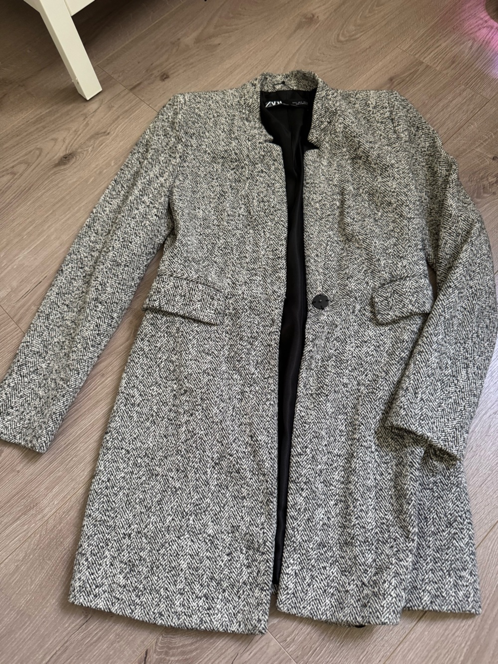 Zara Gray Herringbone Wool-Blend Long Coat